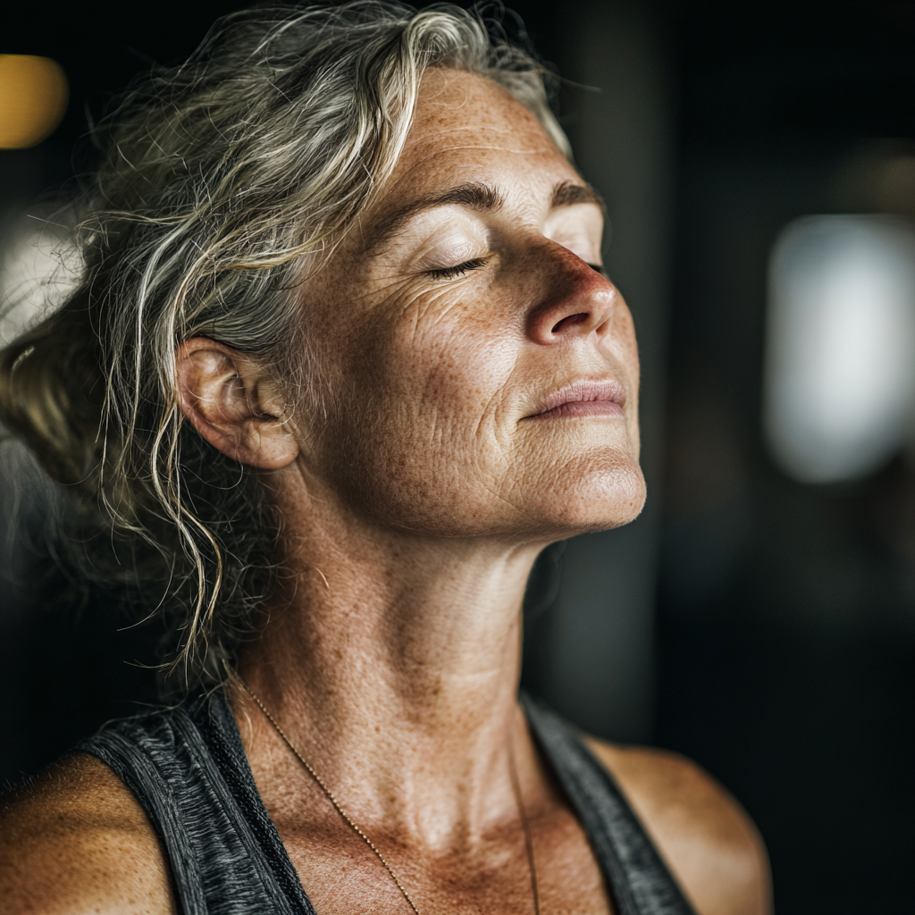 middle-aged person practicing mindful movement in a serene fitness environment